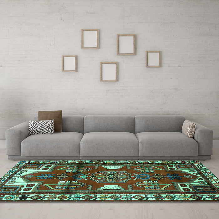 Machine Washable Persian Turquoise Traditional Area Rugs in a Living Room,, wshtr4472turq