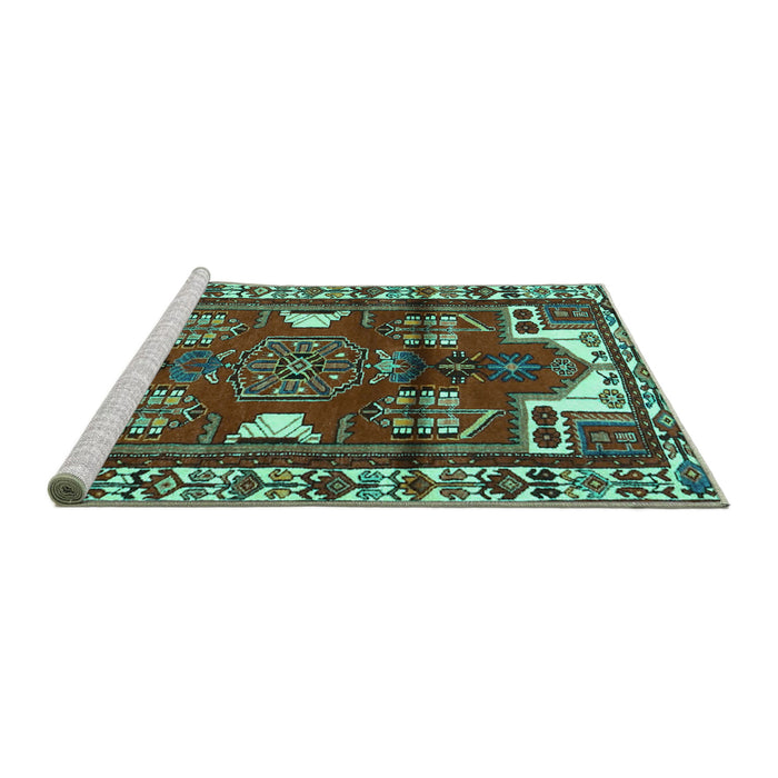 Sideview of Machine Washable Persian Turquoise Traditional Area Rugs, wshtr4472turq