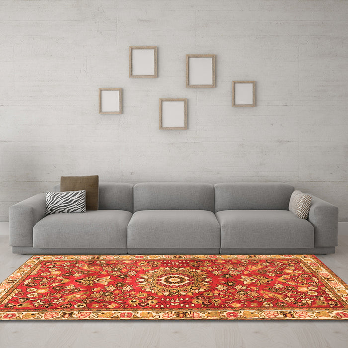 Machine Washable Medallion Orange Traditional Area Rugs in a Living Room, wshtr4473org