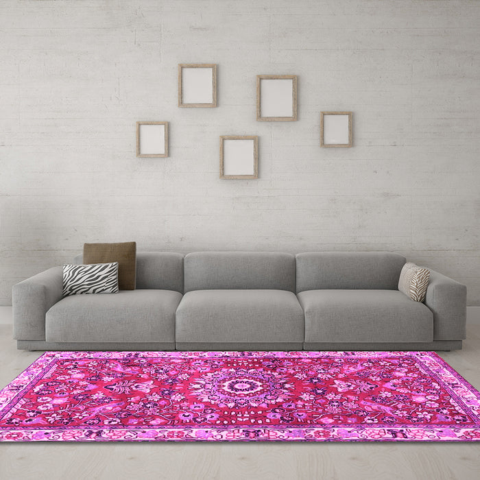 Machine Washable Medallion Pink Traditional Rug in a Living Room, wshtr4473pnk