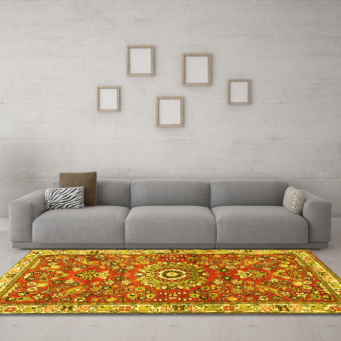 Machine Washable Medallion Yellow Traditional Rug in a Living Room, wshtr4473yw