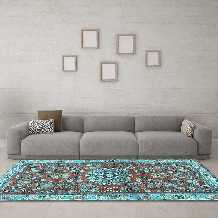 Machine Washable Medallion Light Blue Traditional Rug in a Living Room, wshtr4473lblu