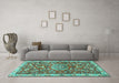 Machine Washable Medallion Turquoise Traditional Area Rugs in a Living Room,, wshtr4473turq