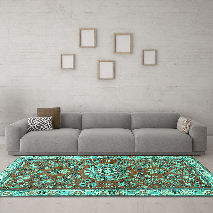 Machine Washable Medallion Turquoise Traditional Area Rugs in a Living Room,, wshtr4473turq