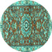 Round Machine Washable Medallion Turquoise Traditional Area Rugs, wshtr4473turq