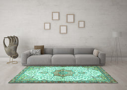 Machine Washable Medallion Turquoise Traditional Area Rugs in a Living Room,, wshtr4474turq