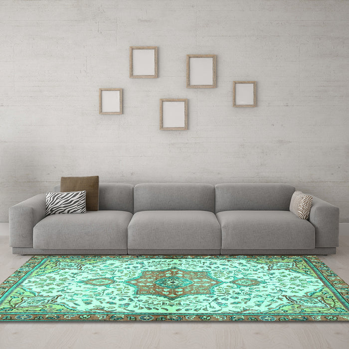 Machine Washable Medallion Turquoise Traditional Area Rugs in a Living Room,, wshtr4474turq