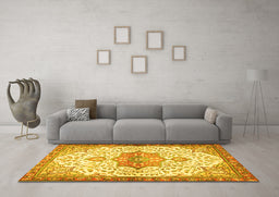 Machine Washable Medallion Yellow Traditional Rug in a Living Room, wshtr4474yw
