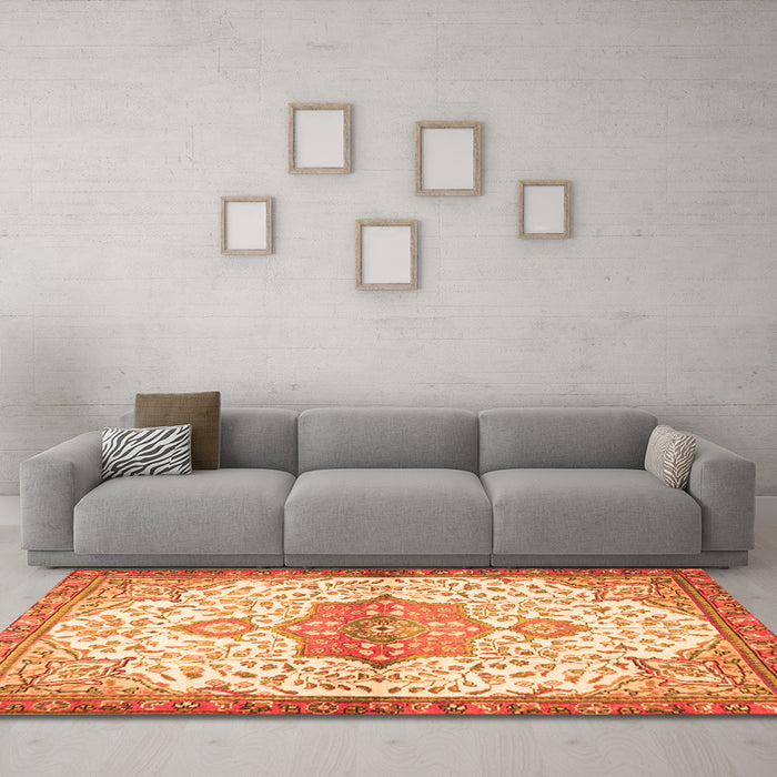 Machine Washable Medallion Orange Traditional Area Rugs in a Living Room, wshtr4474org