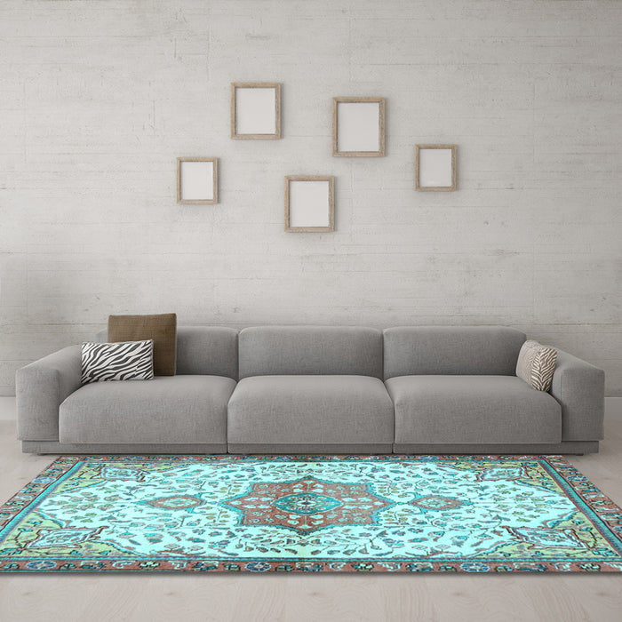 Machine Washable Medallion Light Blue Traditional Rug in a Living Room, wshtr4474lblu
