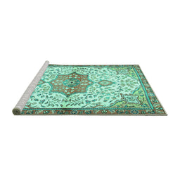 Sideview of Machine Washable Medallion Turquoise Traditional Area Rugs, wshtr4474turq
