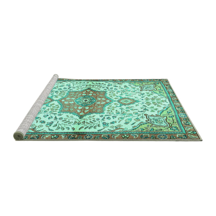 Sideview of Machine Washable Medallion Turquoise Traditional Area Rugs, wshtr4474turq