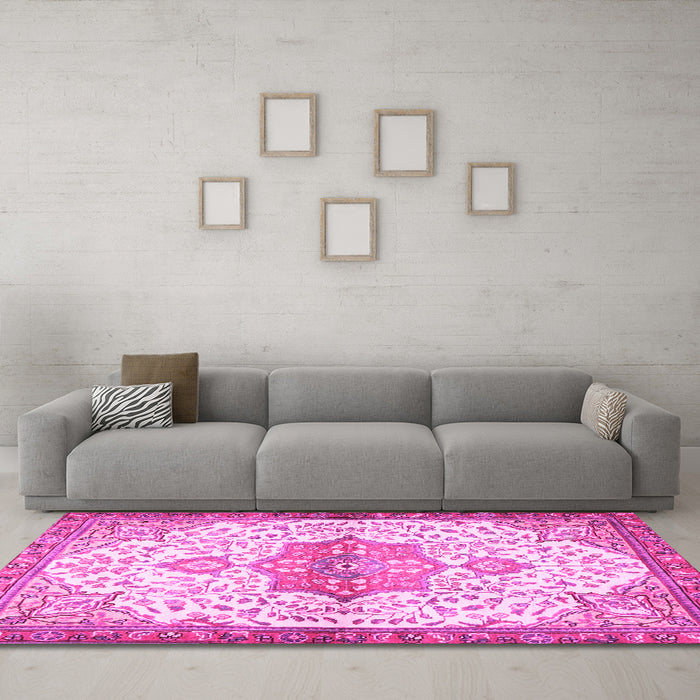 Machine Washable Medallion Pink Traditional Rug in a Living Room, wshtr4474pnk