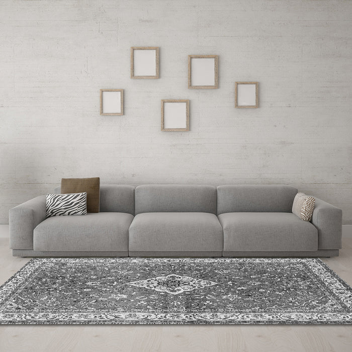 Machine Washable Medallion Gray Traditional Rug in a Living Room,, wshtr4475gry