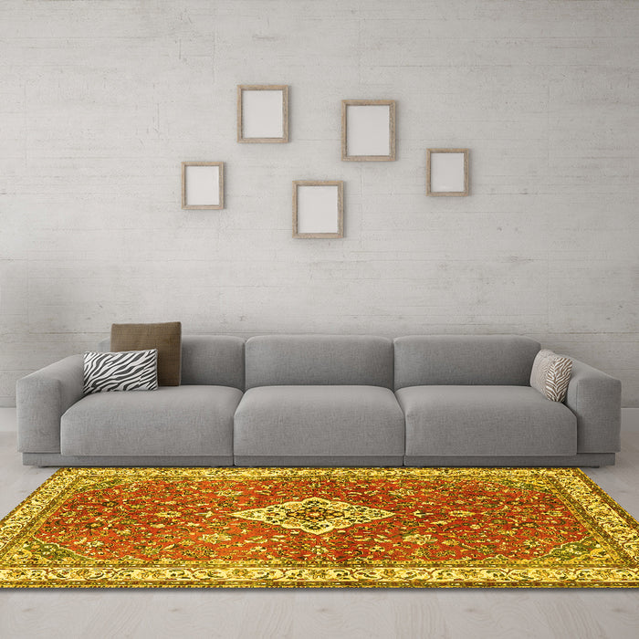 Machine Washable Medallion Yellow Traditional Rug in a Living Room, wshtr4475yw