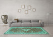 Machine Washable Medallion Turquoise Traditional Area Rugs in a Living Room,, wshtr4475turq