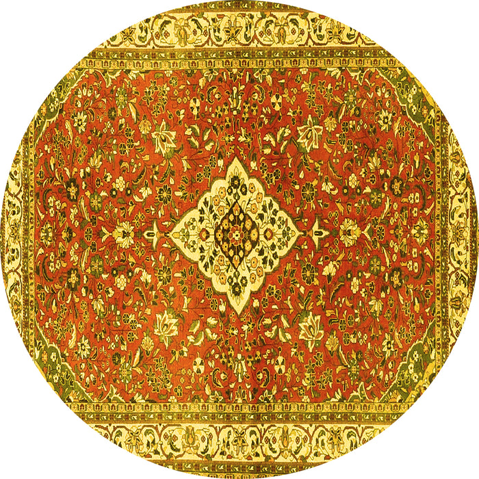 Round Machine Washable Medallion Yellow Traditional Rug, wshtr4475yw