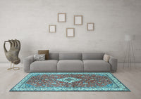 Machine Washable Medallion Light Blue Traditional Rug, wshtr4475lblu