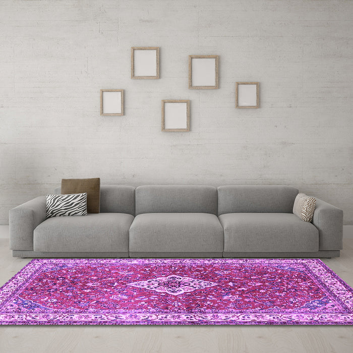 Machine Washable Medallion Purple Traditional Area Rugs in a Living Room, wshtr4475pur