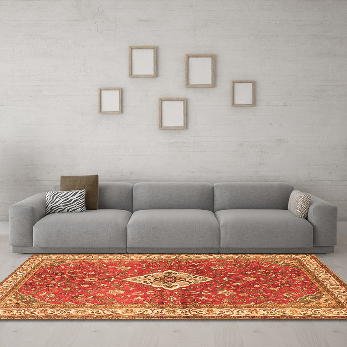 Machine Washable Medallion Orange Traditional Area Rugs in a Living Room, wshtr4475org