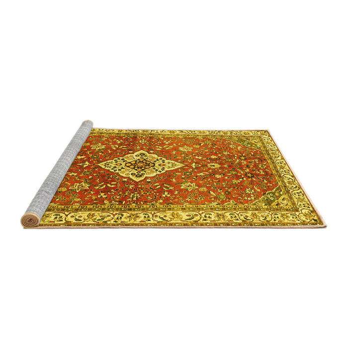 Sideview of Machine Washable Medallion Yellow Traditional Rug, wshtr4475yw