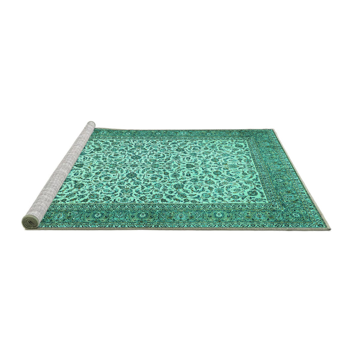 Sideview of Machine Washable Persian Turquoise Traditional Area Rugs, wshtr447turq