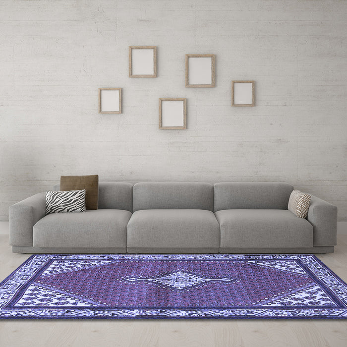Machine Washable Medallion Blue Traditional Rug in a Living Room, wshtr4485blu