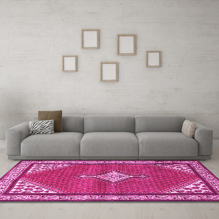 Machine Washable Medallion Pink Traditional Rug in a Living Room, wshtr4485pnk