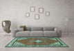 Machine Washable Medallion Turquoise Traditional Area Rugs in a Living Room,, wshtr4485turq