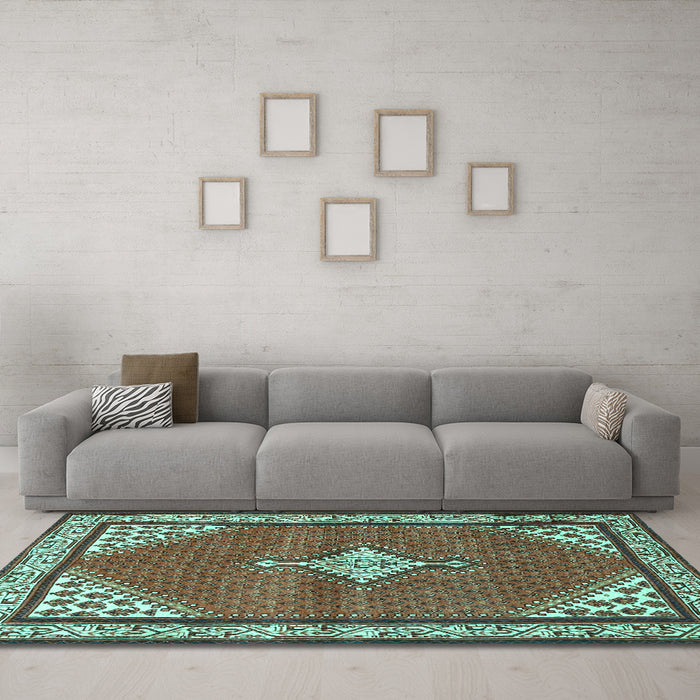 Machine Washable Medallion Turquoise Traditional Area Rugs in a Living Room,, wshtr4485turq