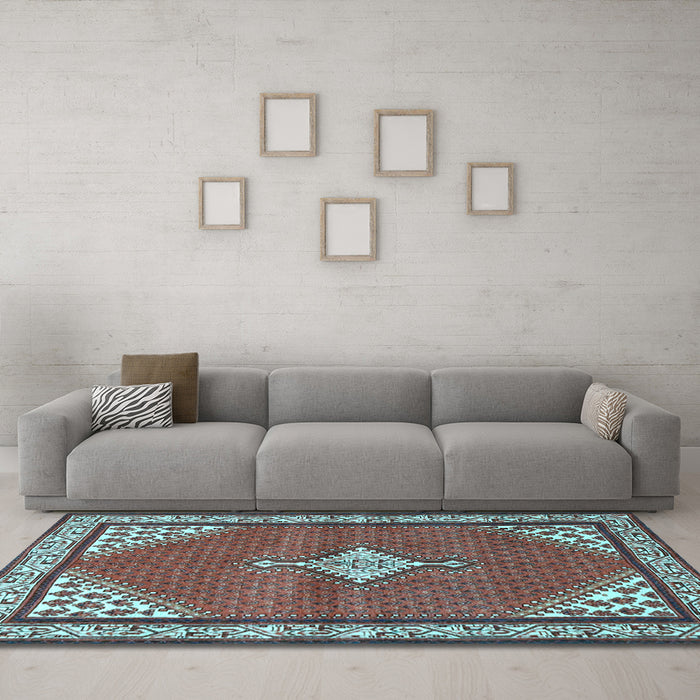 Machine Washable Medallion Light Blue Traditional Rug in a Living Room, wshtr4485lblu