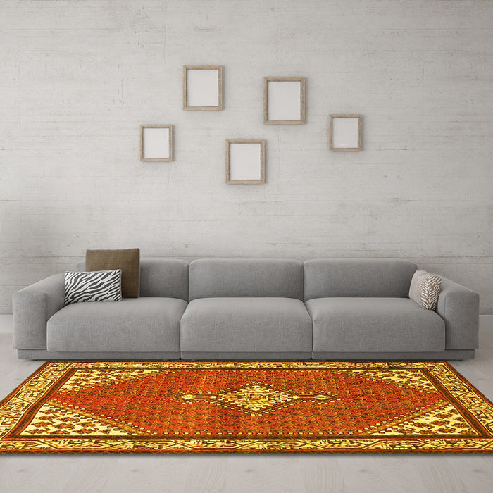 Machine Washable Medallion Yellow Traditional Rug in a Living Room, wshtr4485yw