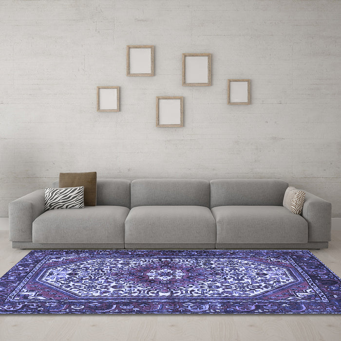 Machine Washable Medallion Blue Traditional Rug in a Living Room, wshtr4486blu