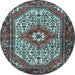 Round Machine Washable Medallion Light Blue Traditional Rug, wshtr4486lblu