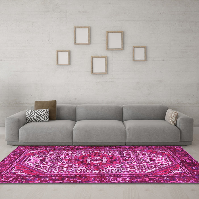 Machine Washable Medallion Pink Traditional Rug in a Living Room, wshtr4486pnk