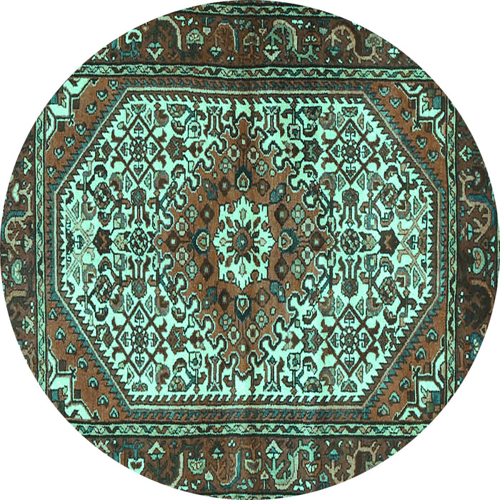 Round Machine Washable Medallion Turquoise Traditional Area Rugs, wshtr4486turq
