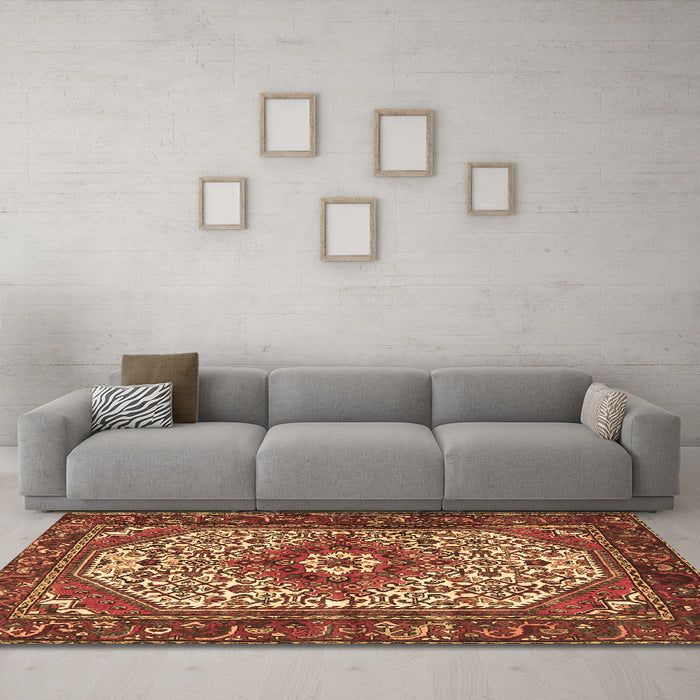Machine Washable Medallion Brown Traditional Rug in a Living Room,, wshtr4486brn