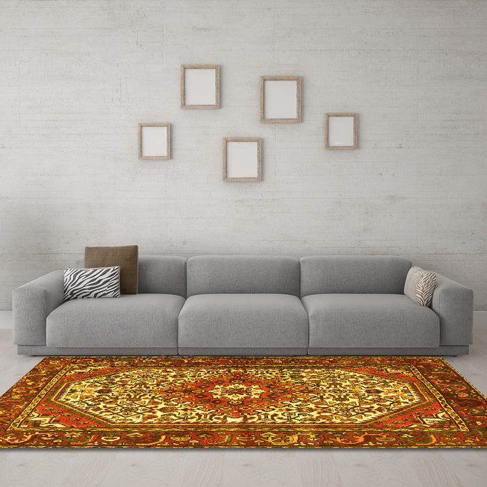 Machine Washable Medallion Yellow Traditional Rug in a Living Room, wshtr4486yw