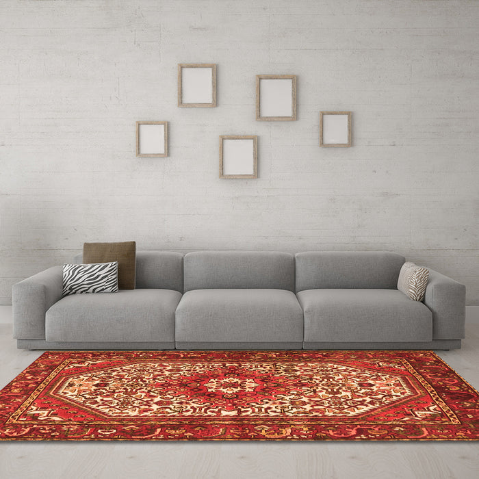 Machine Washable Medallion Orange Traditional Area Rugs in a Living Room, wshtr4486org