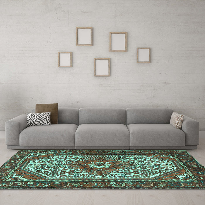 Machine Washable Medallion Turquoise Traditional Area Rugs in a Living Room,, wshtr4486turq