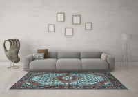 Machine Washable Medallion Light Blue Traditional Rug, wshtr4486lblu