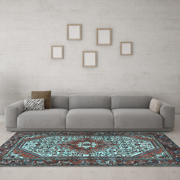 Machine Washable Medallion Light Blue Traditional Rug in a Living Room, wshtr4486lblu