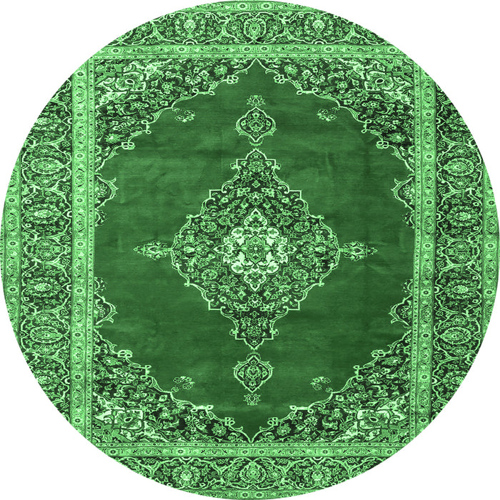 Round Machine Washable Medallion Emerald Green Traditional Area Rugs, wshtr4489emgrn