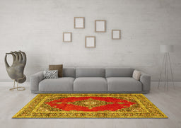 Machine Washable Medallion Yellow Traditional Rug in a Living Room, wshtr4489yw