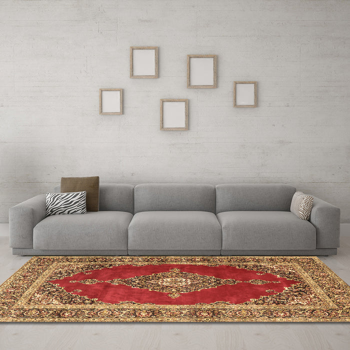 Machine Washable Medallion Brown Traditional Rug in a Living Room,, wshtr4489brn