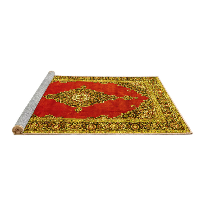 Sideview of Machine Washable Medallion Yellow Traditional Rug, wshtr4489yw