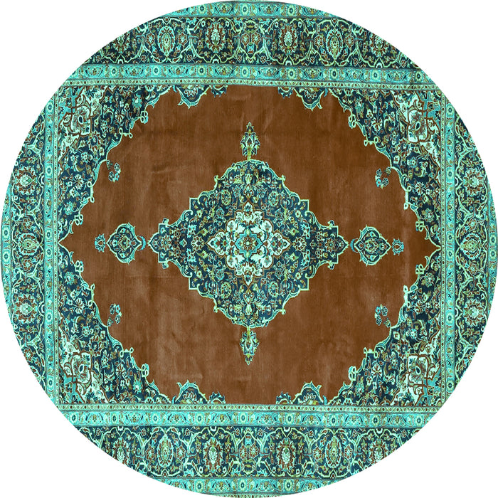 Round Machine Washable Medallion Turquoise Traditional Area Rugs, wshtr4489turq