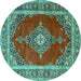 Round Machine Washable Medallion Turquoise Traditional Area Rugs, wshtr4489turq