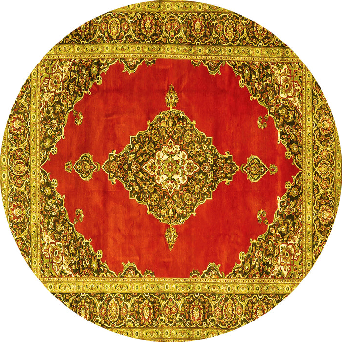 Round Machine Washable Medallion Yellow Traditional Rug, wshtr4489yw