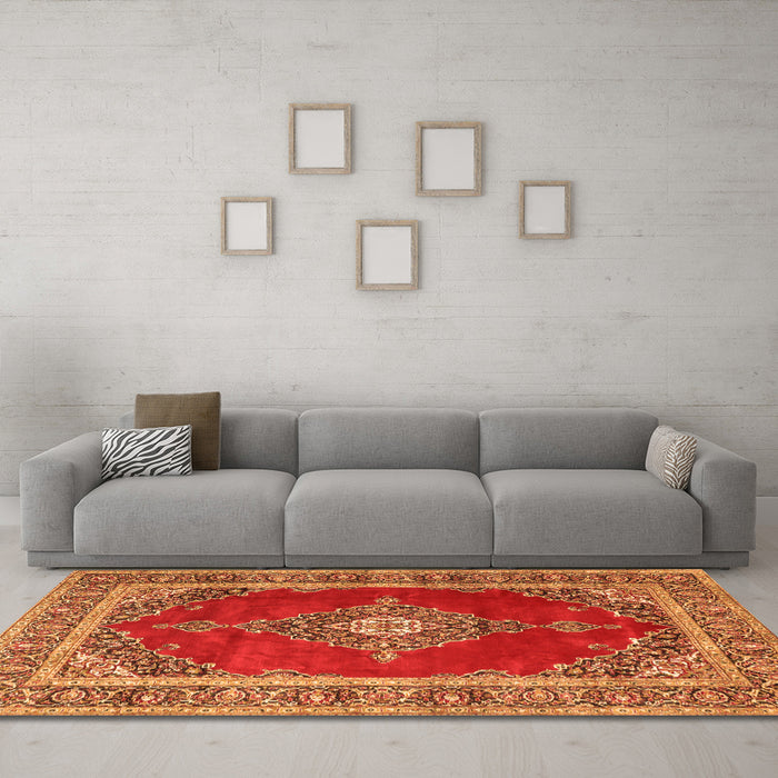 Machine Washable Medallion Orange Traditional Area Rugs in a Living Room, wshtr4489org